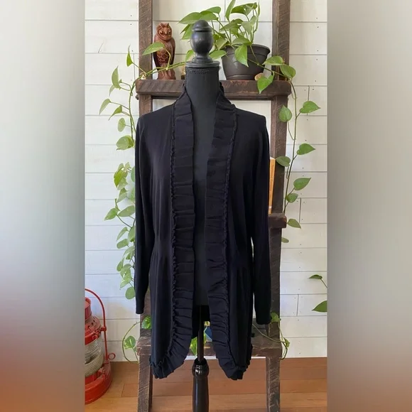Valerie Steven’s: Elegant Black Open-Front Cardigan Sweater with Ruffle Trim - Picture 16 of 17